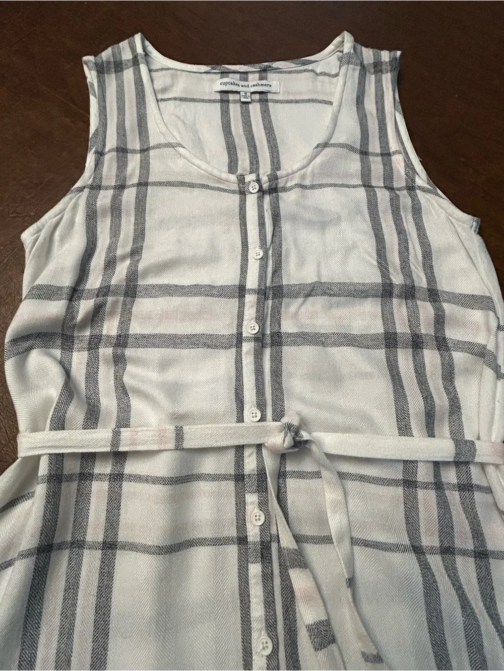 Cupcakes & Cashmere Woman’s Sleeveless White & Gray Plaid Dress w Tie Belt SZ S - Picture 10 of 11
